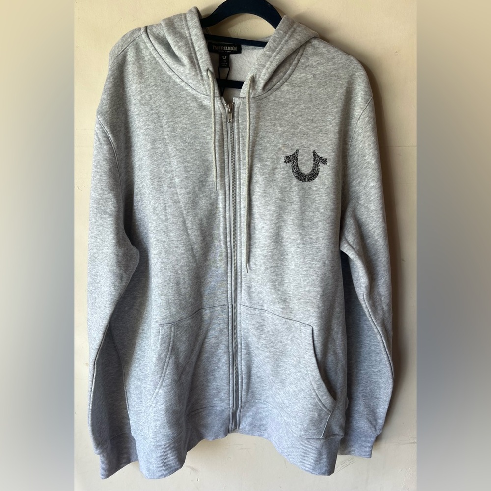 New Mens True Religion L Hooded Sweatshirt Gray Hoodie Zip Up‎ Jacket